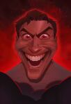  1boy brown_hair corax42 crazy english_commentary evil_grin evil_smile grey_shirt grin highres jerma985 jerma985_(person) looking_at_viewer meme open_mouth real_life red_background red_eyes red_theme second-party_source shirt short_hair smile solo when_the_imposter_is_sus_(meme) 