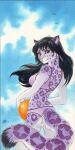  2016 anthro ball bikini biped black_hair clothing felid female fluffy fluffy_tail fur hair ketty_(character) looking_at_viewer mammal nekoart orange_eyes outside painting_(artwork) pantherine pink_nose purple_body purple_fur purple_spots sky snow_leopard solo spots spotted_body standing swimwear traditional_media_(artwork) watercolor_(artwork) white_body white_fur yellow_sclera 