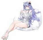  1girl absurdres bare_legs black_choker blush breasts choker cleavage collarbone crossed_legs cup dress earrings eyelashes feet full_body grey_dress hair_ornament hands_up helena_(warship_girls_r) high_heels highres holding holding_cup holding_with_feet jewelry large_breasts leg_focus legs long_hair looking_at_viewer nail_polish off-shoulder_dress off_shoulder orange_nails purple_hair red_eyes sandals short_dress simple_background sitting sketch smile solo stiletto_heels strappy_heels sweat sweatdrop toenail_polish toenails toes very_long_hair warship_girls_r white_background white_footwear xiangchizhubijin 