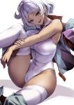  1girl dark_skin gundam gundam_suisei_no_majo highleg highleg_leotard highres hugging_own_legs jacket jacket_partially_removed leg_up leotard nylon open_clothes open_jacket secelia_dote shorts shorts_removed thick_thighs thighhighs thighs white_hair 