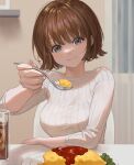  1girl bangs blue_eyes brown_hair cup drinking_glass food holding holding_spoon ice ice_cube indoors ketchup omelet omurice original oto1_030 plate rice short_hair sitting solo spoon sweater table upper_body 