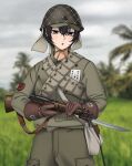  1girl absurdres bayonet black_hair blurry brown_gloves depth_of_field gloves grass green_jacket green_pants gun helmet highres holding holding_weapon imperial_japanese_army jacket keiita long_sleeves military military_helmet military_uniform open_mouth original pants rifle short_hair solo tree type_99_short_rifle uniform weapon world_war_ii 