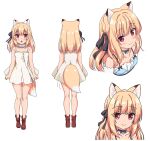  1girl absurdres animal_ear_fluff animal_ears anime_coloring black_ribbon blonde_hair blue_dress boku_no_risou_no_isekai_seikatsu boots chise_(ichiri) collar color_guide commentary_request dress fox_ears fox_girl fox_tail full_body hair_ribbon highres medium_hair metal_collar multiple_views red_eyes reference_sheet ribbon sazaki_ichiri smile standing tail tail_through_clothes turnaround white_background white_dress 