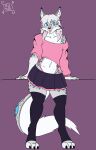 absurd_res anthro black_claws blue_body blue_fur bottomwear claws clothed clothing crossdressing dark_clothing felid feline femboy footwear fur grey_body grey_fur hair hi_res hybrid leopard_spots lynx male mammal midriff multicolored_body multicolored_fur off_shoulder pantherine pink_clothing pink_hair simple_background skirt snow_leopard socks solo spots theosiris916 thong thong_straps tongue tongue_out underwear white_body white_fur