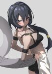  1girl :/ absurdres bangs black_eyes black_hair black_mamba_(kemono_friends) black_shorts breasts closed_mouth collar collarbone commentary eyes_visible_through_hair from_side grey_background hair_between_eyes hands_on_hips highres kemono_friends long_hair looking_at_viewer looking_back medium_breasts o-ring o-ring_top official_alternate_costume parted_bangs pink_collar short_shorts shorts side_ponytail simple_background snake_tail solo studded_collar tail tanabe_(fueisei) v-shaped_eyebrows 