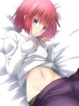  1girl arcueid_brunestud arcueid_brunestud_(cosplay) bangs blue_eyes blush commentary_request cosplay highres hisui_(tsukihime) kagetsu_tooya long_sleeves looking_at_viewer lying navel on_bed purple_skirt red_hair short_hair skirt sleeves_past_wrists solo stomach sweater tsukihime turtleneck turtleneck_sweater vent_vert_(kuuya) white_sweater 