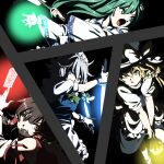  4girls apron black_headwear blonde_hair blue_eyes bow braid detached_sleeves frog_hair_ornament gohei green_bow green_hair grey_hair hair_ornament hakurei_reimu hat hat_bow highres holding holding_knife inuno_rakugaki izayoi_sakuya kirisame_marisa knife kochiya_sanae long_hair maid_headdress mini-hakkero multiple_girls ofuda open_mouth red_eyes ribbon-trimmed_sleeves ribbon_trim short_sleeves side_braid side_braids single_braid touhou twin_braids waist_apron white_bow wide_sleeves yellow_eyes 