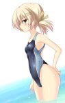  1girl blonde_hair blue_eyes blue_one-piece_swimsuit breasts commentary_request competition_swimsuit covered_navel cowboy_shot highres hizuki_aki looking_at_viewer medium_hair multicolored_clothes multicolored_swimsuit one-piece_swimsuit original profile simple_background small_breasts solo standing swimsuit twintails wading water wet wet_clothes wet_swimsuit white_background 