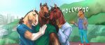  21:9 anthro blue_bottomwear blue_clothing blue_eyes blue_pants blue_shirt blue_t-shirt blue_topwear bottomwear brown_body building clothed clothing equid equine footwear front_view gloves_(marking) green_clothing green_shirt green_t-shirt green_topwear grey_clothing grey_jacket grey_topwear group hi_res hill horse jacket laser_(artist) looking_at_viewer male mammal markings open_mouth open_smile outside pants red_clothing red_footwear red_shoes shirt shoes signature smile standing t-shirt tan_body topwear white_body white_clothing white_footwear white_shoes yellow_eyes 