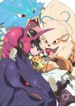  1girl alolan_marowak arcanine black_hair black_sclera blush colored_sclera corviknight creatures_(company) dedenne game_freak gloves grin gyarados highres holding holding_poke_ball looking_at_viewer max_revive nintendo poke_ball pokemon pokemon_(creature) red_eyes scolipede shoes simple_background single_glove smile third-party_source turbo_engine_(rakugaki_tabo) uneven_eyes white_background 