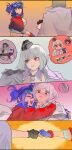  2girls absurdres autobot belt blue_belt blue_eyes blue_hair breasts crop_top double_bun eyewear_on_head fingerless_gloves genderswap gloves hair_bun highres humanization insignia jacket jewelry kotobukiya_bishoujo medium_breasts megatron megatron_(kotobukiya_bishoujo) multiple_girls namikaze_(dobbyka) navel necklace optimus_prime optimus_prime_(kotobukiya_bishoujo) red_jacket shirt smile transformers 