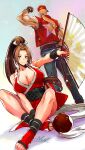  1boy 1girl arm_guards bare_shoulders baseball_cap blonde_hair breasts brown_eyes brown_hair cleavage denim fatal_fury fatal_fury_cap fingerless_gloves folded_fan folding_fan gloves hand_fan hat high_ponytail highres holding holding_fan japanese_clothes jeans kujou_non large_breasts long_hair looking_at_viewer muscular ninja pants pelvic_curtain ponytail revealing_clothes rope shiranui_mai shirt simple_background smile snk street_fighter street_fighter_6 terry_bogard the_king_of_fighters thighs vest 