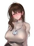  1girl bangs breasts brown_hair covered_nipples earrings hair_between_eyes hanusu heart heart-shaped_pupils highres id_card jewelry lanyard large_breasts long_hair office_lady original pink_eyes see-through solo sweater symbol-shaped_pupils turtleneck turtleneck_sweater upper_body white_background 
