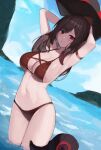  1girl :d absurdres arm_strap armpits arms_up azur_lane bangs bikini black_headwear breasts brown_bikini brown_hair cleavage collarbone cowboy_shot grin hat highres large_breasts long_hair looking_at_viewer maanu navel ocean parted_lips red_eyes royal_fortune_(azur_lane) smile stomach strap_gap swimsuit wading water 