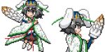  1girl alternate_costume animal_ears black_eyes black_hair black_skirt blue_headwear cape closed_mouth floppy_ears holding inaba_tewi multiple_views pixel_art rabbit_ears reimufate ribbon-trimmed_skirt ribbon_trim short_hair skirt smile touhou touhou_lost_word touhou_ningyougeki transparent_background white_cape white_footwear 