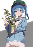  1girl absurdres blue_eyes blue_hair blue_jacket closed_mouth cowboy_shot flat_cap green_headwear hair_bobbles hair_ornament hat highres holding holding_plant jacket kawashiro_nitori long_sleeves looking_at_viewer plant pocket potted_plant short_hair smile solo standing tetsurou_(fe+) touhou two_side_up 