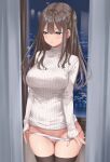  1girl ass_visible_through_thighs bangs black_thighhighs blue_eyes blush breasts brown_hair city_lights curtains highres indoors large_breasts long_hair long_sleeves looking_away looking_to_the_side night no_pants original panties panty_pull parted_lips pulled_by_self ribbed_sweater solo sweater thigh_gap thighhighs two_side_up underwear undressing white_panties white_sweater window wing_(aiastor) 