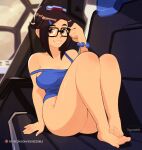  1girl artist_name ass barefoot black-framed_eyewear bottomless breasts brown_eyes brown_hair collarbone commentary english_commentary feet glasses hair_ornament hairclip hand_on_eyewear indoors large_breasts legs looking_at_viewer mei_(overwatch) overwatch parted_lips patreon_username sitting smile solo squeezable_(artist) strap_slip toes 
