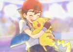  1boy :d abe_(kumayu) ash_ketchum backwards_hat bangs baseball_cap blue_jacket blurry brown_hair commentary_request dynamax_band fingerless_gloves gloves happy hat highres holding holding_pokemon jacket male_focus open_mouth pikachu pokemon pokemon_(anime) pokemon_(creature) pokemon_journeys red_headwear shirt short_hair short_sleeves shorts single_glove sleeveless sleeveless_jacket smile t-shirt teeth upper_teeth 