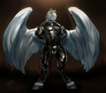  anthro black_hooves blue_body blue_feathers bulge clothing detailed_bulge equid equine feathered_wings feathers front_view full-length_portrait genital_outline hair hi_res hooves laser_(artist) looking_at_viewer male mammal mouth_closed muscular muscular_male orange_eyes orange_hair pecs pegasus portrait pose red_tail rubber rubber_clothing rubber_suit sharp_stallion sheath_outline signature simple_background solo spread_wings standing wings 