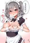  1girl absurdres blush bow bowtie breasts cleavage drill_hair flying_sweatdrops grey_hair heart heart-shaped_boob_challenge highres idolmaster idolmaster_cinderella_girls kanzaki_ranko long_hair looking_at_viewer mabanna maid_headdress purple_eyes simple_background solo translation_request twin_drills white_background 