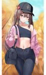  1girl absurdres alternate_costume bare_shoulders black_headwear black_pants blush breasts brown_hair chel_(user_mcme3455) crop_top fashion flat_cap genshin_impact hat highres hu_tao_(genshin_impact) jacket looking_at_viewer midriff navel off_shoulder open_clothes open_jacket pants pink_jacket red_eyes small_breasts smile solo stomach tree twintails 