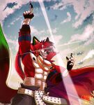 2025 abs anthro artist_logo black_ears black_nipples black_nose canid canine cape clothed clothing cloud cloudy_sky countershading digital_drawing_(artwork) digital_media_(artwork) dipstick_tail fox fur gesture gloves_(marking) green_inner_ear_fluff green_tail_tip grin hair hand_gesture hi_res inner_ear_fluff kamina_shades logo looking_at_viewer male mammal markings muscular muscular_anthro muscular_male nipples raised_finger raised_index_finger red_body red_cape red_clothing red_fur ryanyeen sky smile solo tail tail_markings topless topless_anthro topless_male tuft victor_johansen white_body white_countershading