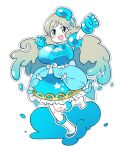  1girl :d arm_up blue_dress blue_gloves blue_hat blush_stickers boots breasts clenched_hands detached_sleeves dress frilled_dress frills full_body gloves grey_hair handa_roco hat idolmaster idolmaster_million_live! idolmaster_million_live!_theater_days large_breasts long_hair millcookie_pro monster_girl official_alternate_costume open_mouth outline parted_bangs puffy_detached_sleeves puffy_short_sleeves puffy_sleeves short_sleeves simple_background slime_girl slime_hair smile solo tilted_hat v-shaped_eyebrows very_long_hair white_background white_footwear white_outline yellow_eyes 