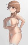  1girl ? bikini blush breasts brown_eyes brown_hair bursting_breasts cleavage from_side highres huge_breasts idolmaster idolmaster_cinderella_girls katagiri_sanae low_twintails nose_blush oruka_(kamituki0827) short_twintails side-tie_bikini_bottom solo stomach strap_gap sweat swimsuit twintails white_bikini 