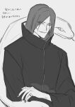  1boy absurdres akatsuki_uniform ayuaho eyeliner facial_mark greyscale hair_over_one_eye highres long_hair makeup male_focus monochrome naruto_(series) official_alternate_costume orochimaru_(naruto) sketch slit_pupils snake solo translation_request upper_body 