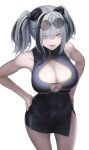  1girl :p animal_ears arknights bare_shoulders bear_ears black_dress black_hair breasts brown_eyes cleavage covered_abs covered_navel cowboy_shot dress eigo_ichii eyewear_on_head feater_(arknights) glasses grey_hair hair_over_one_eye hands_on_hips highres large_breasts looking_at_viewer multicolored_hair parted_lips round_eyewear sleeveless sleeveless_dress smile solo tongue tongue_out twintails two-tone_hair 