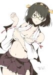 1girl artist_name bare_shoulders black_hair breasts cleavage dated detached_sleeves glasses grey_eyes headgear highres kantai_collection kirishima_(kancolle) large_breasts looking_at_viewer midriff navel nontraditional_miko short_hair simple_background solo taira_yuuki torn_clothes white_background 