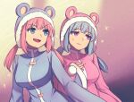  2girls :d blue_coat blue_eyes blue_hair breasts coat commentary english_commentary fang frown fur-trimmed_headwear fur_trim hat hat_with_ears large_breasts long_hair long_sleeves looking_away low_twintails multiple_girls nieve_(rabi_ribi) nixie_(rabi_ribi) open_mouth pink_coat pink_eyes pink_hair rabi-ribi siblings sisters smile sparkle speckticuls twintails wide_sleeves 