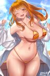  1girl ;d aonaga_heri ass_visible_through_thighs bangs bikini blue_sky breasts brown_eyes cleavage collared_shirt commission earrings groin highleg highleg_bikini jewelry large_breasts long_hair long_sleeves looking_at_viewer nami_(one_piece) navel one_eye_closed one_piece open_clothes open_mouth open_shirt orange_bikini orange_hair shirt skeb_commission sky smile solo sunlight swimsuit teeth thighs upper_teeth white_shirt wooden_railing 