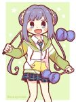  1girl :d anmitsu_(magenta) bangs blue_necktie blue_skirt blush_stickers border collared_shirt diabolo dot_nose double_bun drawstring feet_out_of_frame green_background green_hoodie hair_bun holding holding_toy hood hood_down hoodie jewelry long_hair long_sleeves looking_at_viewer magia_record:_mahou_shoujo_madoka_magica_gaiden mahou_shoujo_madoka_magica miniskirt necktie open_mouth partially_unzipped plaid plaid_skirt pleated_skirt pocket purple_eyes purple_hair ring shirt sidelocks skirt smile solo star_(symbol) toy twintails twitter_username very_long_hair white_border white_shirt yume_urara zipper 