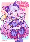  1girl 774_inc. bangs blush breasts cleavage cone_hair_bun demon_girl demon_horns demon_tail grey_hair hair_bun happy_birthday honey_strap horns kiato large_breasts long_hair long_sleeves looking_at_viewer multicolored_hair open_mouth pink_hair pointy_ears red_eyes smile solo suou_patra tail virtual_youtuber 