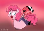  blitzo_(helluva_boss) blue_eyes clothing curled_horns earth_pony equid equine eyes_closed fangs friendship_is_magic fur hair hasbro helluva_boss hi_res horn horse imp legless mammal my_little_pony open_mouth open_smile pink_body pink_fur pink_hair pinkie_pie_(mlp) pony red_body smile strebiskunk 