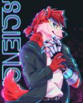  absurd_res anthro canid canine canis coat_cape hair hi_res kous(yunaiwalan) male mammal neon_lights prosthetic red_body red_hair solo technology wolf wolfyportal 