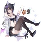  1girl :d animal_ears bare_shoulders bat_wings black_footwear black_hair black_skirt black_thighhighs blue_eyes boots breasts cat_ears cat_girl cat_tail choker full_body halloween halloween_bucket highres large_breasts long_hair long_sleeves looking_at_viewer off-shoulder_shirt off_shoulder open_clothes open_shirt original pudding_cream shirt sitting skirt smile tail thighhighs twintails white_shirt wings 