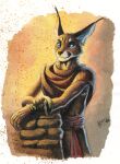  0laffson 2022 5_fingers anthro blue_eyes brown_body brown_fur caracal caracal_(genus) ear_piercing ear_ring felid feline fingers fur hi_res inner_ear_fluff mammal piercing ring_piercing rock smile solo traditional_media_(artwork) tuft 