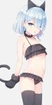  1girl :p animal_ears arona_(blue_archive) bikini black_bikini black_choker black_gloves black_thighhighs blue_archive blue_eyes blue_hair braid cat_ears cat_tail choker collarbone eyes_visible_through_hair fake_animal_ears frilled_bikini frills gloves gradient gradient_background grey_background hair_over_one_eye halo highres looking_at_viewer multicolored_hair navel pink_hair short_hair single_braid solo standing stomach swimsuit tail thighhighs tongue tongue_out two-tone_hair usamiusamimii 
