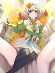  1girl absurdres bare_shoulders black_thighhighs blonde_hair breasts dress drill_hair fairy_wings fire_emblem fire_emblem_heroes flower gradient_clothes hair_flower hair_ornament hair_vines highres ikura_(downdexp) large_breasts peony_(fire_emblem) purple_eyes showgirl_skirt sleeveless sleeveless_dress smile solo tagme thighhighs wings zettai_ryouiki 