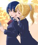  2girls ayase_eli bangs behind_another blonde_hair blue_hair blue_jacket book bow bowtie cheek-to-cheek closed_eyes commentary_request from_side gradient gradient_background hair_between_eyes hair_ornament hair_scrunchie hand_on_another&#039;s_shoulder hand_up hands_up heads_together highres holding holding_book jacket long_sleeves looking_away looking_to_the_side love_live! love_live!_school_idol_project multiple_girls open_book orange_background otonokizaka_school_uniform parted_lips ponytail red_bow red_bowtie school_uniform scrunchie sonoda_umi standing striped striped_bow striped_bowtie upper_body urutsu_sahari white_background white_scrunchie yellow_eyes yuri 