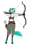  2022 anthro archer arrow_(weapon) belt bottomwear bow_(weapon) breasts clothed clothing digital_media_(artwork) equid equine faeseiren female hair hi_res hooves looking_away mammal multicolored_body multicolored_hair pants quiver ranged_weapon shirt simple_background solo topwear two_tone_hair two_tone_tail unndis_(skuggamul) weapon 