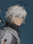  1boy arknights bangs blue_background blue_eyes closed_mouth detached_wings energy_wings executor_(arknights) from_side grey_hair halo high_collar highres jinfeng0430 looking_at_viewer looking_to_the_side male_focus short_hair simple_background solo upper_body wings 