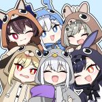  :&gt; :3 :o :t animal_costume animal_ears bangs beak bird black_outline black_ribbon blonde_hair blue_eyes blue_pajamas blush brown_hair brown_pajamas closed_eyes cross_hair_ornament dog dog_ears fox_ears gengojisu gosegu grey_hair grey_pajamas hair_between_eyes hair_ornament hand_on_another&#039;s_head hand_on_another&#039;s_headwear hand_on_another&#039;s_hip hand_on_headwear hand_on_hip hand_on_own_head highres ine_(vtuber) jingburger jururu light_blue_background lilpa open_mouth orange_eyes orange_pajamas outline pajamas pink_eyes purple_hair purple_pajamas red_eyes ribbon smile thick_outlines viichan virtual_youtuber waktaverse white_hair white_outline yellow_pajamas 