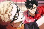  2boys black-framed_eyewear black_hair black_shirt blonde_hair blurry blurry_background brown_eyes clenched_teeth collared_shirt commentary_request glasses haikyuu!! hair_between_eyes highres karasuno_volleyball_uniform korean_commentary kuroo_tetsurou looking_ahead looking_back male_focus multiple_boys nekoma_volleyball_uniform rectangular_eyewear red_shirt roy_rosa shirt short_hair short_sleeves small_sweatdrop sportswear sweat teeth tsukishima_kei v-shaped_eyebrows volleyball volleyball_uniform wing_collar 