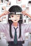  1girl bangs black_hair blunt_bangs collared_shirt green_necktie grey_skirt holding holding_photo long_hair necktie original oto1_030 photo_(object) pleated_skirt purple_eyes shirt shirt_tucked_in skirt solo standing upper_body white_shirt 