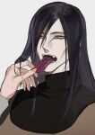  1boy absurdres ayuaho black_hair eyeliner facial_mark fangs hair_over_one_eye highres long_hair long_tongue makeup male_focus naruto_(series) orochimaru_(naruto) pale_skin saliva slit_pupils snake_boy solo_focus tongue tongue_grab tongue_out upper_body yellow_eyes 