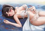  1girl babydoll bangs bare_arms bare_shoulders bikini black_hair breasts cleavage closed_mouth collarbone commission crotchless crotchless_bikini from_side garter_belt hand_on_own_stomach highres iro_(boo_iro) large_breasts looking_at_viewer looking_to_the_side lying navel on_back original parted_bangs petals petals_on_liquid red_eyes shallow_water smile solo stomach swimsuit twintails wakamezake water wavy_mouth white_bikini 